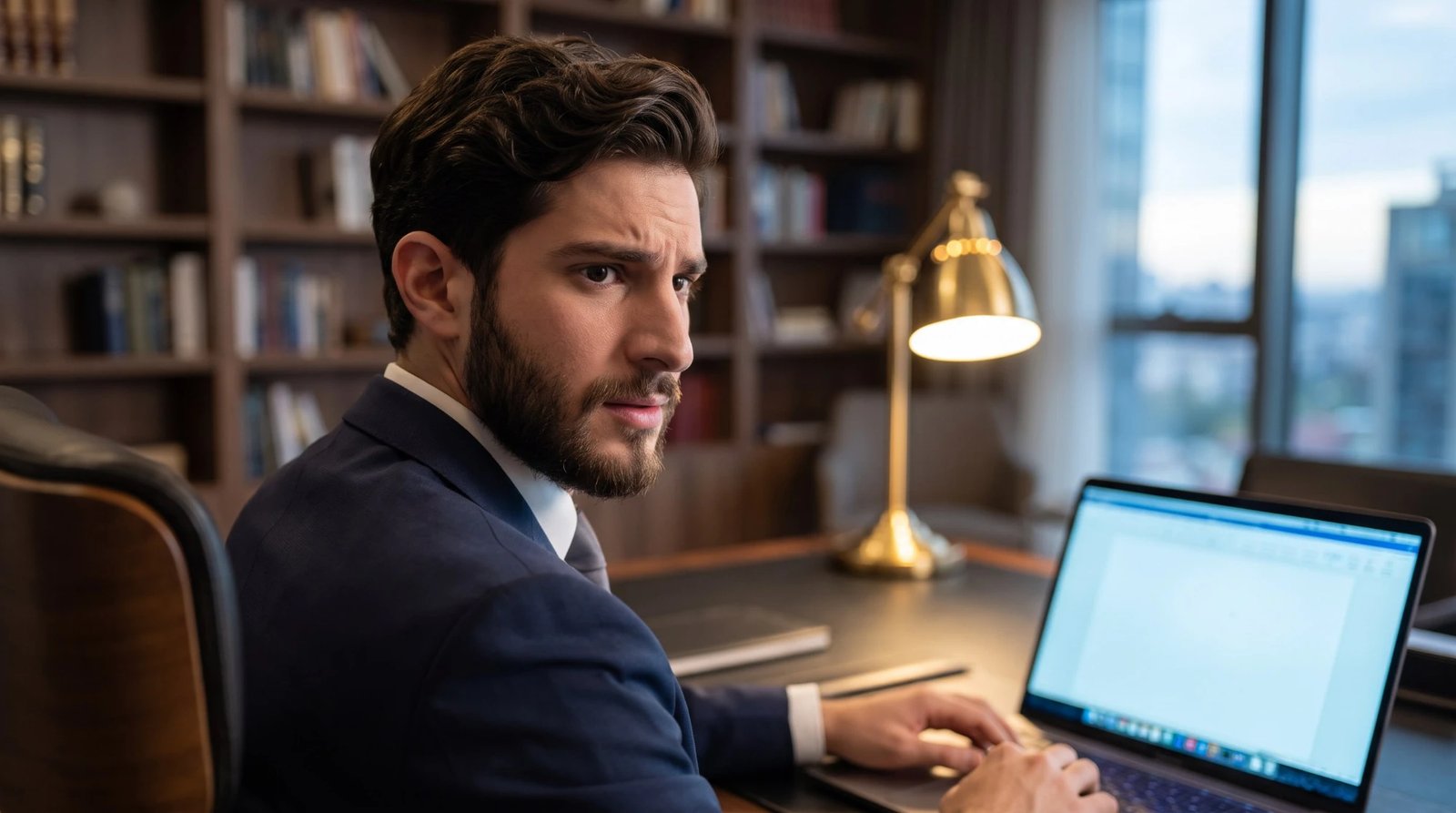 Mohammed in a navy suit at a desk with a laptop, a brass lamp and bookshelves behind him